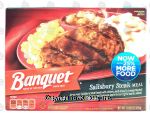 Banquet  salisbury steak meal, creamy mashed potatoes, sweet corn and cinnamon apple dessert Center Front Picture