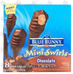 Blue Bunny Mini Swirls chocolate ice cream dipped in a milk chocolaty coating inside a chocolate sugar cone, 8 mini cones Center Front Picture
