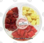 Value Center Market  mixed fruit tray; strawberries, pineapple and watermelon with fruit dip Center Front Picture