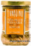 Tonnino  tuna fillets with garlic in olive oil, glass jar Center Front Picture