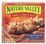 Nature Valley Sweet & Salty Nut chocolate pretzel nut, granola bars dipped in chocolate flavored coating with pretzels and almonds Center Front Picture