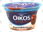 Dannon Oikos greek nonfat yogurt, black cherry, fruit on the bottom, 0% fat Center Front Picture