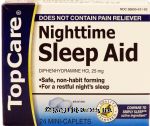 Top Care  nighttime sleep aid, non-habit forming, diphenhydramine hci, 25 mg, does not contain pain reliever Center Front Picture