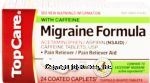 Top Care  migraine formula with caffeine, acetaminophen, aspirin, pain reliever, coated caplets Center Front Picture