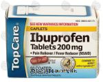 Top Care  ibuprofen tablets 200-mg, pain reliever, coated tablets Center Front Picture