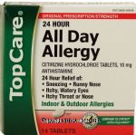 Top Care  all day allergy, cetirizine hydrochloride 10-mg., tablets Center Front Picture