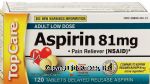 Top Care  aspirin 81 mg, pain reliever, delayed release tablets, enteric coated tablets Center Front Picture