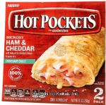 Nestle Hot Pockets hickory ham & cheddar with a reduced fat cheddar cheese & sauce in a croissant crust, 2 sandwiches Center Front Picture