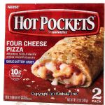 Nestle Hot Pockets four cheese pizza with parmesan, cheddar & reduced fat provolone & mozzarella cheese, 2 sandwiches Center Front Picture