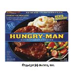 Hungry-Man  home-style meatloaf with creamy mashed potatoes and mixed vegetables, includes a chocolate brownie Center Front Picture