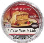 Handi-foil Cook-n-carry 3 cake pans & lids, size 8 1/2in dia x 1 5/16in Center Front Picture