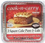 Handi-foil Cook-n-carry 3 cake pans & lids, size 8in x 8in x 1 15/32in Center Front Picture