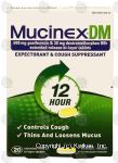 Mucinex Dm cough suppressant, thins and loosens mucus 600 mg guaifenesin and 30 mg dextromethorphan hbr Center Front Picture