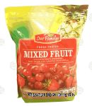 Our Family Fresh Frozen mixed fruit; strawberries, peaches, red seedless grapes, pineapple Center Front Picture