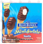 Blue Bunny Mini Swirls vanilla ice cream dipped in a milk chocolaty coating all inside a crunchy sugar cone, 8 mini cones Center Front Picture