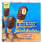 Blue Bunny Mini Swirls vanilla ice cream w/a thick inner layer of caramel sauce dipped in milk chocolate, 8 mini cones Center Front Picture