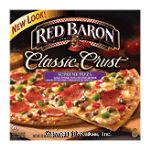 Red Baron Classic Crust supreme pizza with sausage, green and red peppers, pepperoni, and onions Center Front Picture