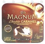 Magnum Double Caramel vanilla bean ice cream dipped in a chocolatey coating, caramel sauce and milk chocolate, 3 bars Center Front Picture