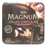 Magnum Double Chocolate chocolate ice cream dipped in a chocolatey coating, chocolatey sauce and milk chocalate, 3 bars Center Front Picture